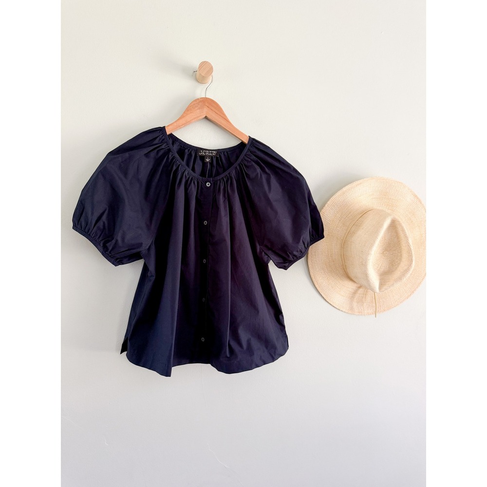 J.Crew | NWT Puff-Sleeve Cotton Poplin Button-Up Top Navy | Sz S